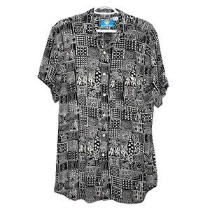 Vintage 90s Rayon Lizard Tribal Print Button Up Shirt Black White M
